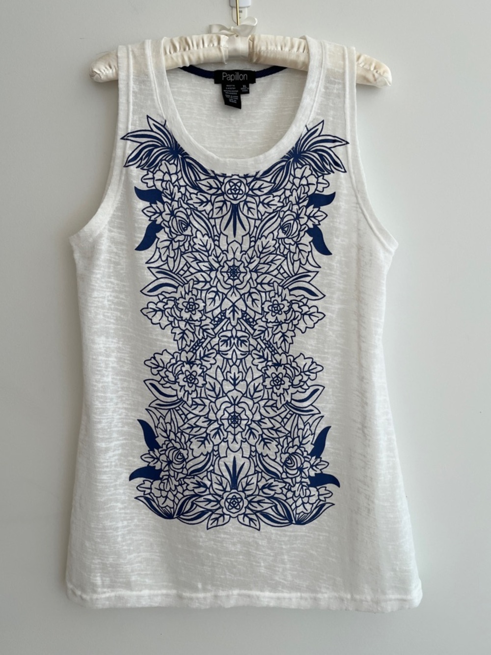 PAPILLON Tank Tunic Sheer Slub Texture Botanical Graphic Front Summer Resortwear